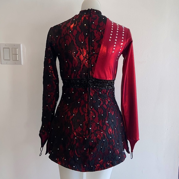Romantic Gothic Black Lace & Diamond Detailed Deep Red Bodysuit Dress - Picture 10 of 12